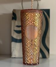 2021 Starbucks Pink Rose Gold Jeweled Christmas Holiday Tumbler 24oz. Brand New picture
