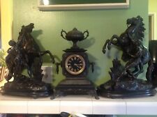 Antique French Urn Style Wind Up Clock 3 Pcs With Marley Horse Pewter Figural  picture