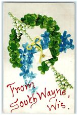 c1910's Greetings From South Wayne Wisconsin WI, Clover And Flowers Postcard picture