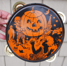 Vtg Halloween  Tambourine Tin Noise Maker JOL Pumpkin Chein picture