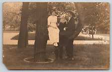 Original RPPC, Portrait Of Two Couples In Tree, Car, Antique, Vintage Postcard picture