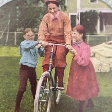 Antique 1898 Woman Learning To Ride A Bicycle Stereoview Photo Card P1253 picture