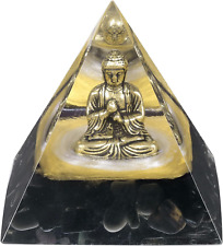 Brass Buddha Statue Black Obsidian Orgone Pyramid, Polished Chip Crystal Stones  picture