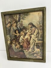 Vtg 1930 Jesus Christ Blessing Little Children Lithograph, Wood Frame picture