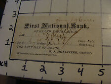 Original 1882 Receipt for Bank Note, FIRST NATIONAL BANK, Grand Rapids, MI  picture