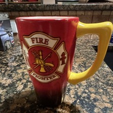Fire Fighter Red Ceramic Mug w/ Yellow Handle, Firefighting Theme picture