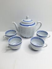 VTG JingDeZhen Chinese RICE EYE DRAGON 6” Teapot & 4 Cups: Blue & White picture
