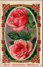 c1910s HAPPY BIRTHDAY Embossed Gel Postcard Pink Roses / Pretty Border 