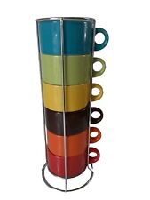 Pier 1 Pier One Mugs Stackable Rainbow Colorful Mugs Cups Set of 6 Wire Rack picture