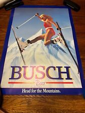 VINTAGE 1988 BUSCH BEER POSTER HEAD FOR THE MOUNTAINS GIRL SKIING 20x28 picture
