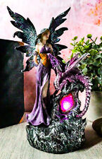 Purple Fairy With Dragon Sitting On LED Crystal Geode Night Light Statue Decor picture