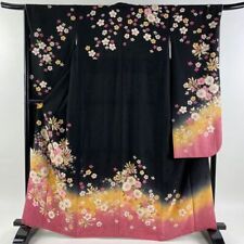 64.8inc Japanese Kimono SILK FURISODE Cherry blossoms Background pattern Black picture