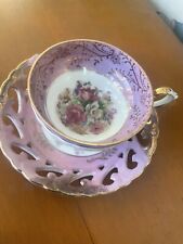 vintage pink floral rose footed teacup and saucer set  picture