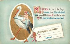 Bamforth Embossed Birth Announcement Postcard E.12 Baby Rides Stork Luggage Tag picture