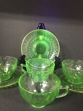 Federal Uranium Glass 4 Teacups & 3 Saucers Thumbprint Design W Gold Trim picture