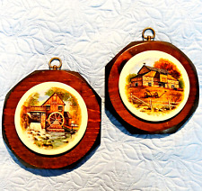 2 Vintage Ceramic & Wood 1970s Country Rural Farm Scenes Wall Plaques Trivets picture