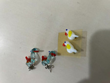 New OOAK Vintage Handblown Glass Whimsical Parrots Birds Pierced Earrings Mexico picture