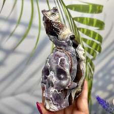Dream Chevron Purple Amethyst Owl on Skull Crystal Hollow Jaw Skull Carving picture