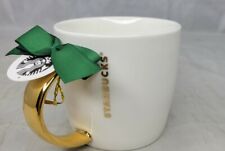 Starbucks 2015 White Ceramic Coffee Mug Gold Handle & Vertical Letters 14 Oz NEW picture