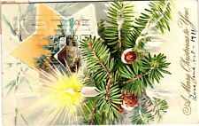 Vintage Postcard- A MERRY CHRISTMAS TO YOU, CANDLE IN PINE, HOUSE IN A WINTER SC picture