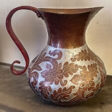 Vintage Hammered Copper Pitcher Intricate Silver Flowers & Vines By Martha M.A. picture