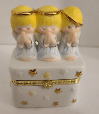3 Angels Figurine Trinket Box by Hallmark  Ceramic Hinged Porcelain White Gold picture