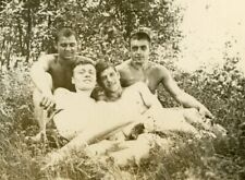 Shirtless handsome young men hug lying on grass affectionate gay int vtg photo picture