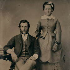 Tintype Photo Patient Young Couple c1870 Antique 1/6 Plate Mutton Chop Man A2760 picture
