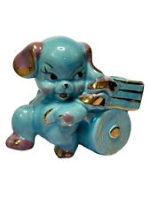 Vintage Blue/Pink Pottery Planter Kitsch Baby Dog or Bunny w/ Wheelbarrow Cart picture