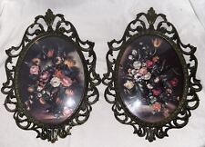 Vintage Pair Italian Convex Bubble Glass Brass Framed Floral Print Victorian picture