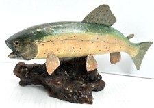 Ron Eaton Rainbow Trout Sculpture Art Wood Hand Carved & Painted on Burl Wood picture