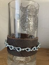 Viking Norse Beer Mug, Hand Etched Glass Leather Accents, Hand Made Nordic Style picture
