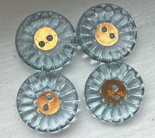 4 Small pretty Vintage blue depression glass patterned buttons w/gold luster~B1 picture