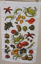 Vintage Lois Long Tea Towel Linen MCM Kay Dee Shellfish Lobster Coastal Beach  picture