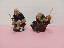 Vintage Shiwan Mudman Chinese Color Glazed Pottery Figurines Lot of 2 w/Fish picture