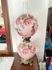 Gone With The Wind Hand Painted Pink Roses Milk Glass Hurricane Lamp 24” 3 Way picture