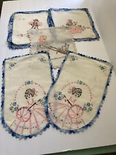 Vintage Hand Embroidered Doilies W/Crocheted Trim Chair Arm Covers Square Doilie picture