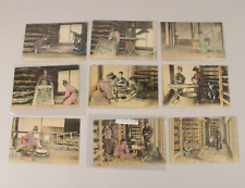 Lot of 9 Unused Hand-Colored Antique Japanese Women Silk Worm Harvest Postcards picture