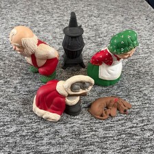 Vintage Hand Painted Ceramic Santa Mrs Claus Warming Stove Christmas Set of 5 picture