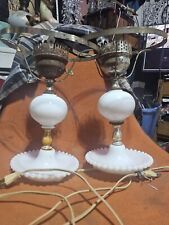 PAIR OF VINTAGE BEADED MILK GLASS BOUDOIR LAMPS picture