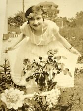 D4 Found Photograph Beautiful Pretty Woman 1920s Curtsey Flowers Garden Artistic picture