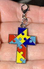 Silver Autism Awareness Cross Charm Zipper Pull & Keychain Add On Clip picture