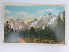Teton Peaks through Grand Teton National Park. Vintage Linen Postcard picture
