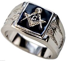 Masonic Mason men's CZ ring Black enamel Rhodium overlay size 12 T36 picture
