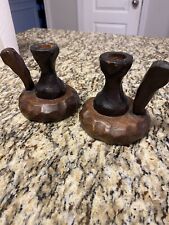 Rustic Primitive Candle Holders Wood Hand Carved Vintage picture