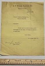 1909 B.F. BOND PAPER CO. BALTIMORE LETTER TO FRANKLIN PRINTING CO. SIGNED picture