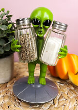 Ebros UFO Green Alien On Flying Saucer Spaceship Salt And Pepper Shakers Set picture