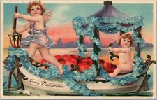 c1910s VALENTINE'S DAY Embossed Postcard Angel Cherub / Gondola / Forget-Me-Nots picture