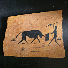 San Rock Art Sandstone Plaque/ Prehistoric Cave Decor/ Primitive Hunter Bull Art picture