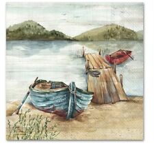 TWO Individual Paper Cocktail Decoupage Napkins Spring Summer Lake Dock Boat picture
